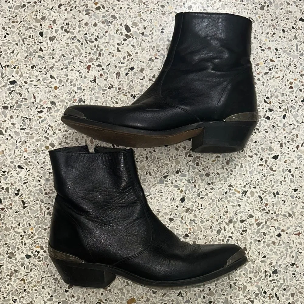 Vintage black leather cowboy western boots metal toe heel 9